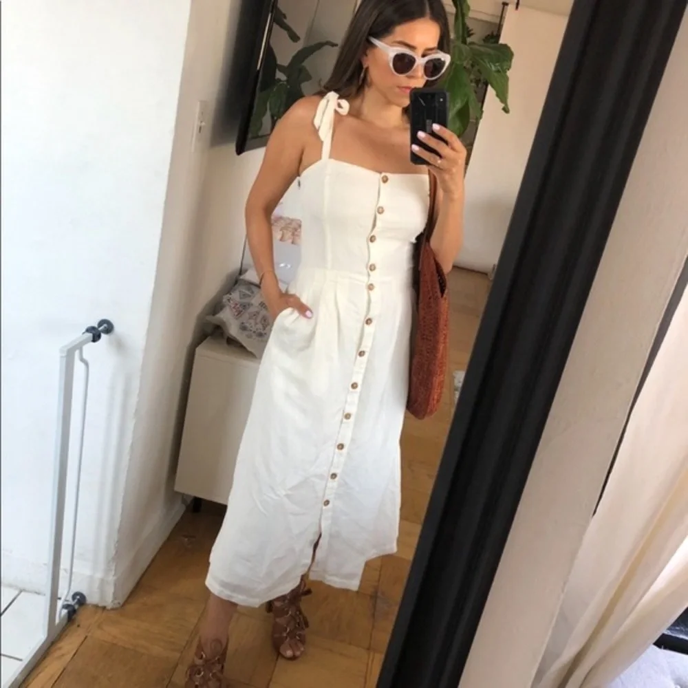 Sezane White Midi Shoulder Tie Button Down Dress with Pockets - Picture 3 of 3